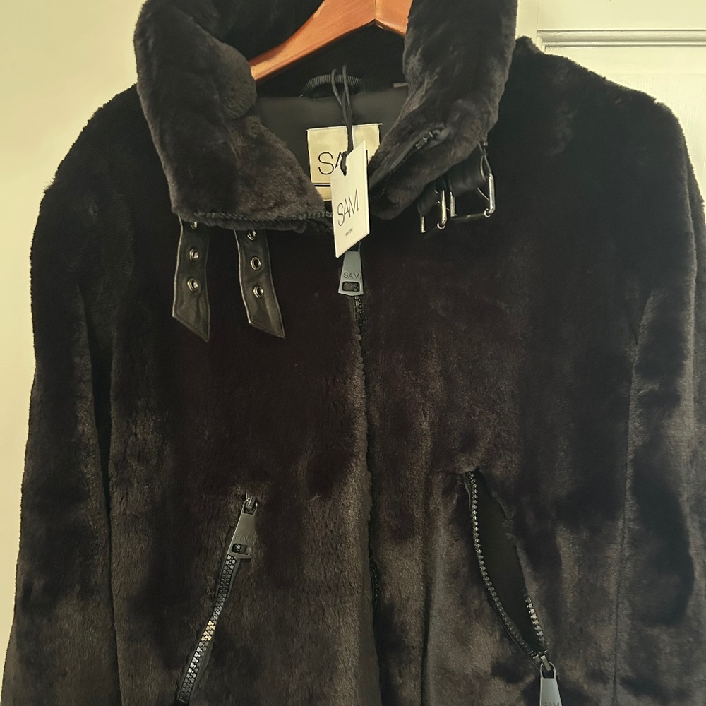 SAM Denver Black Faux Fur Moto Bomber Jacket women's large